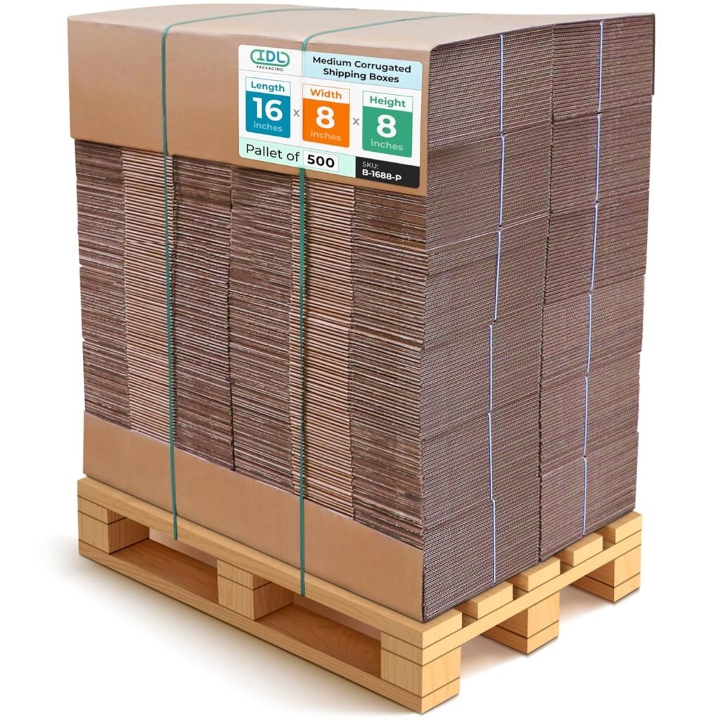 IDL Packaging Medium Corrugated Shipping Boxes 16L x 8W x 8H (Pallet of 500) – Quality Choice of Sturdy Packing Boxes for USPS, UPS, FedEx Shipping – Easy-to-Recycle Cardboard Boxes for Packaging