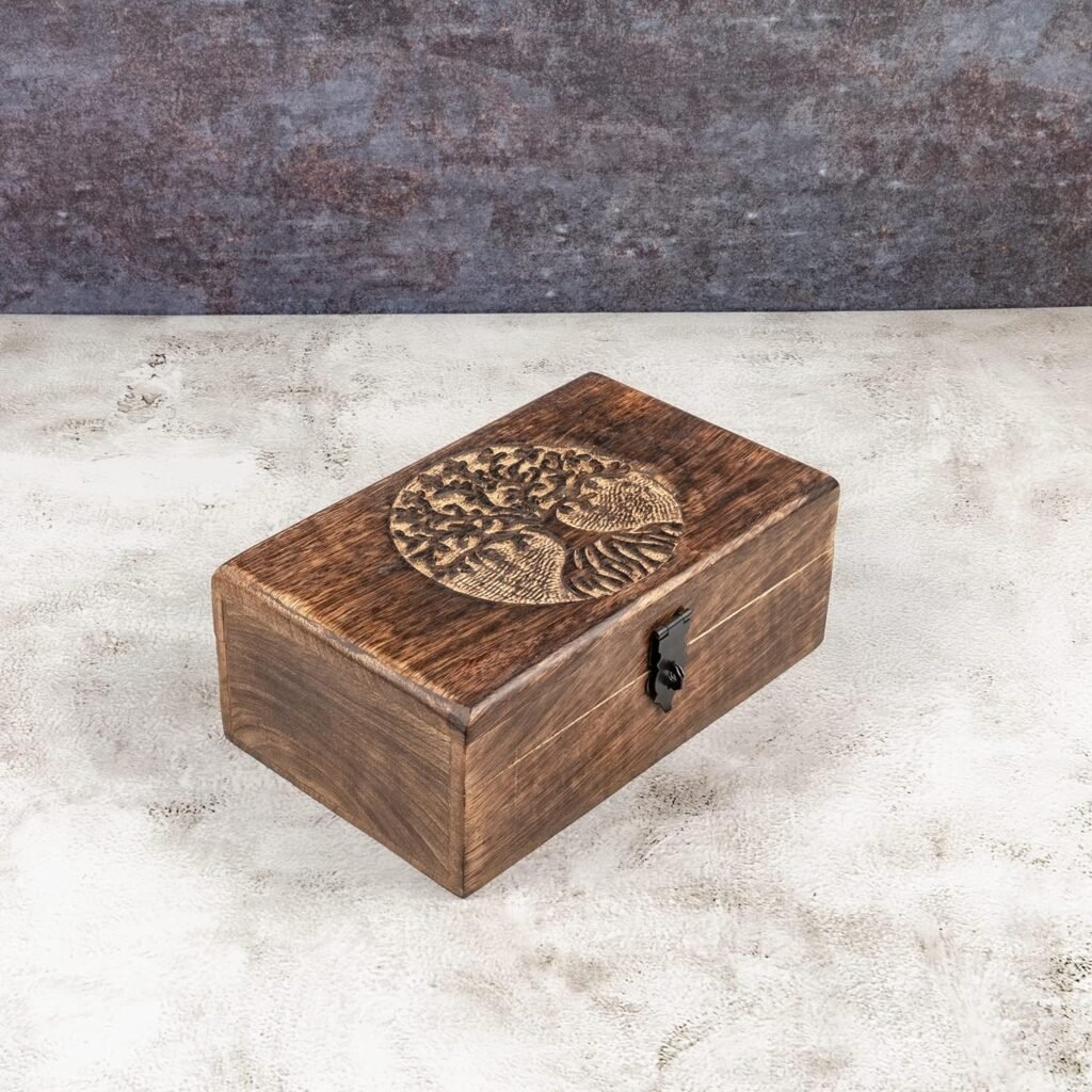 Samhita Handmade Mango Wood Tree of Life Engraving Beautifully Keepsake Box Jewellery Organiser Unique Gift Ideas for Men  Women (Flame Work Finish)