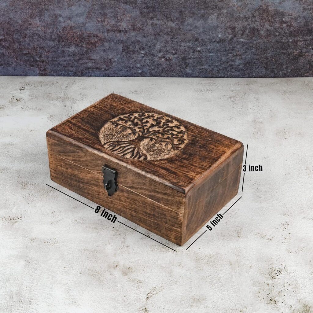 Samhita Handmade Mango Wood Tree of Life Engraving Beautifully Keepsake Box Jewellery Organiser Unique Gift Ideas for Men  Women (Flame Work Finish)