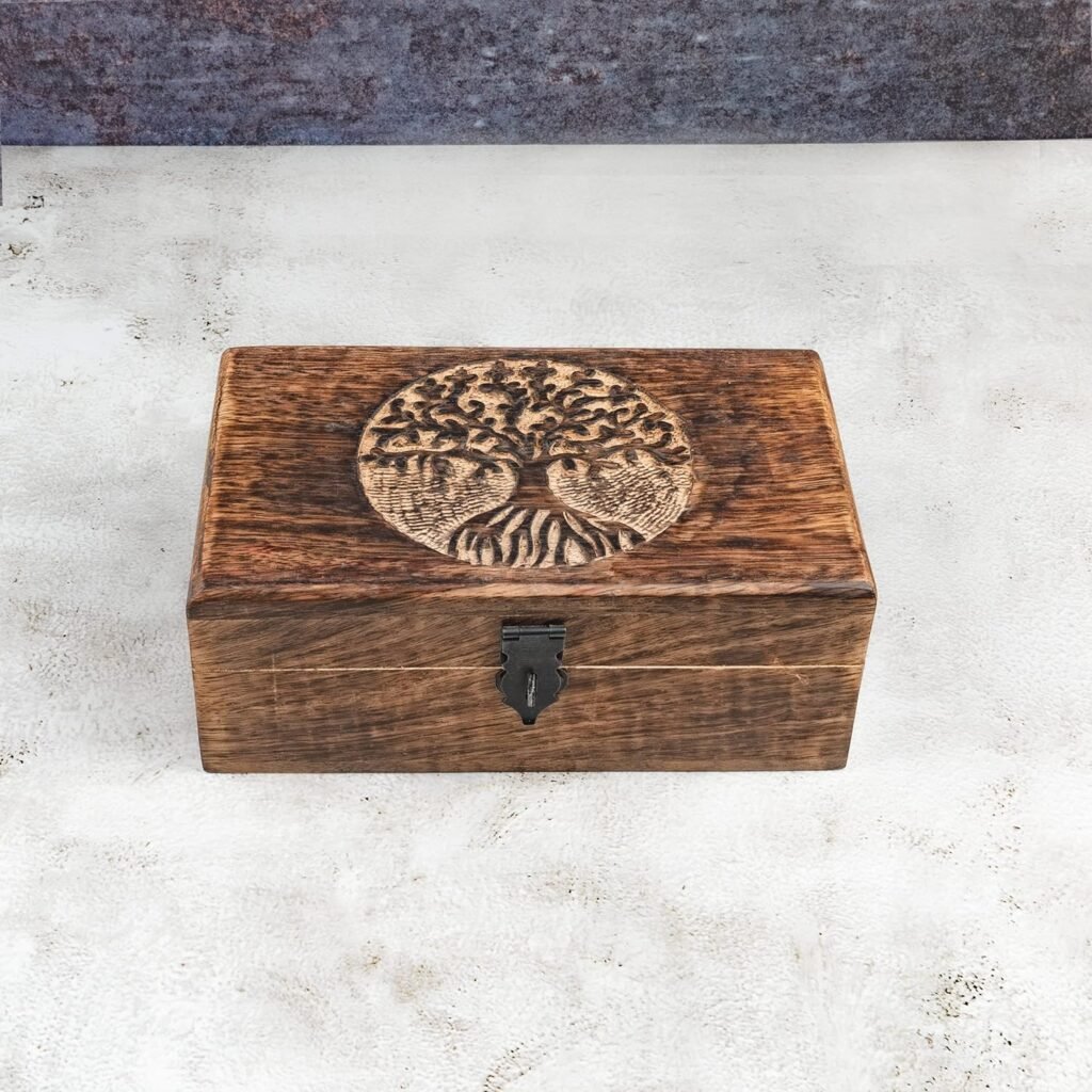 Samhita Handmade Mango Wood Tree of Life Engraving Beautifully Keepsake Box Jewellery Organiser Unique Gift Ideas for Men  Women (Flame Work Finish)