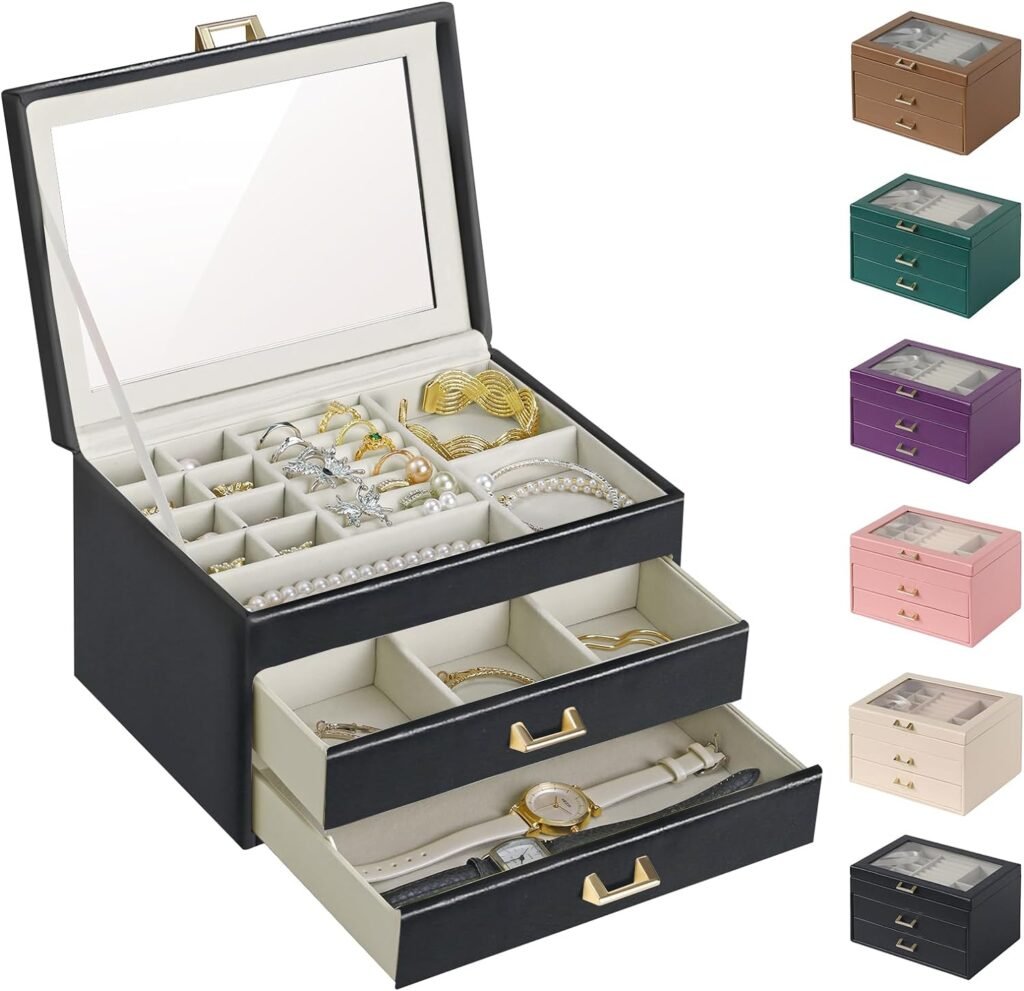 BALEINE Jewelry Box with Glass Lid, PU Jewelry Holder Organizer for Big Small Jewelry, Jewelry Storage Case (Black)