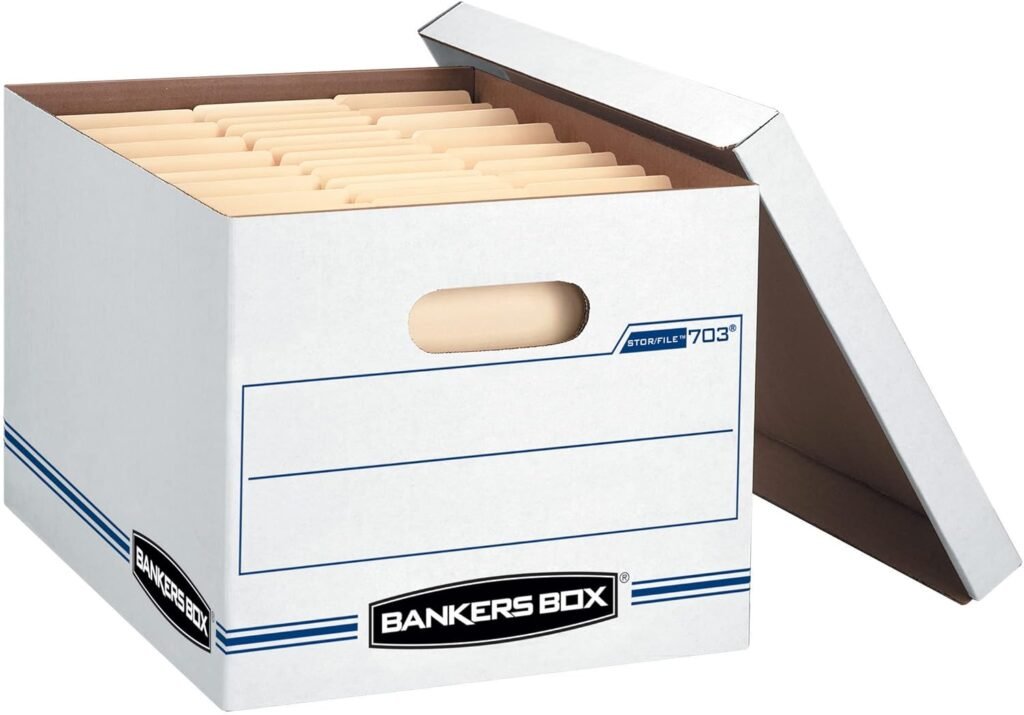 BANKERS BOX 4 Pack STOR/FILE Basic Duty File Storage Boxes, Standard Assembly, Lift-off Lid, Letter/Legal, White/Blue