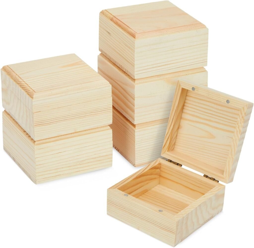 Bright Creations 6 Pack Unfinished Wooden Boxes with Hinged Lids, Pinewood Magnetic Wood Box for Crafts, Jewelry Storage (3.5 x 3.5 x 2 In)