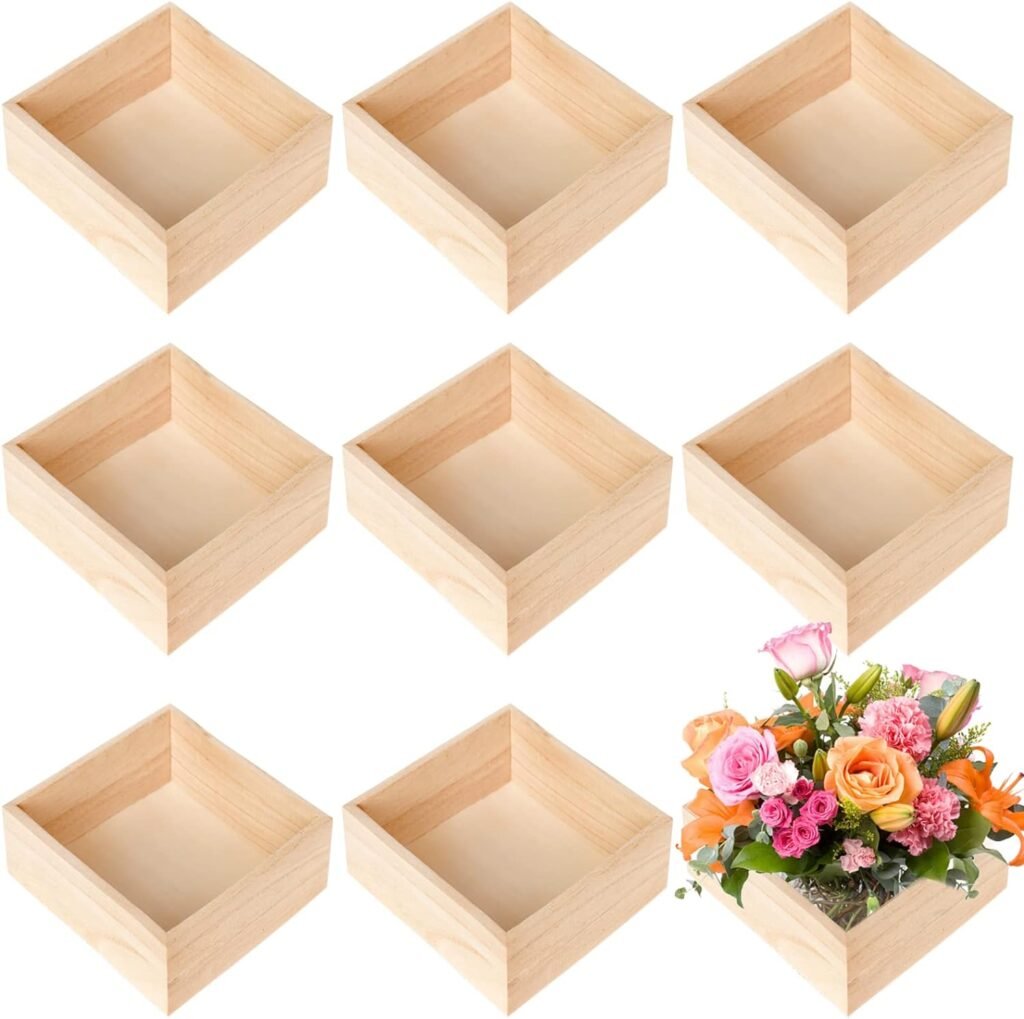 8 Pack Unfinished Wooden Box, 6 x 6 Inch Square Rustic Small Wooden Box Craft Organizer Container Box for Storage, Home Decor, Art Collectibles, Desktop Decor, Succulent Plant Pot, Drawer, DIY Craft