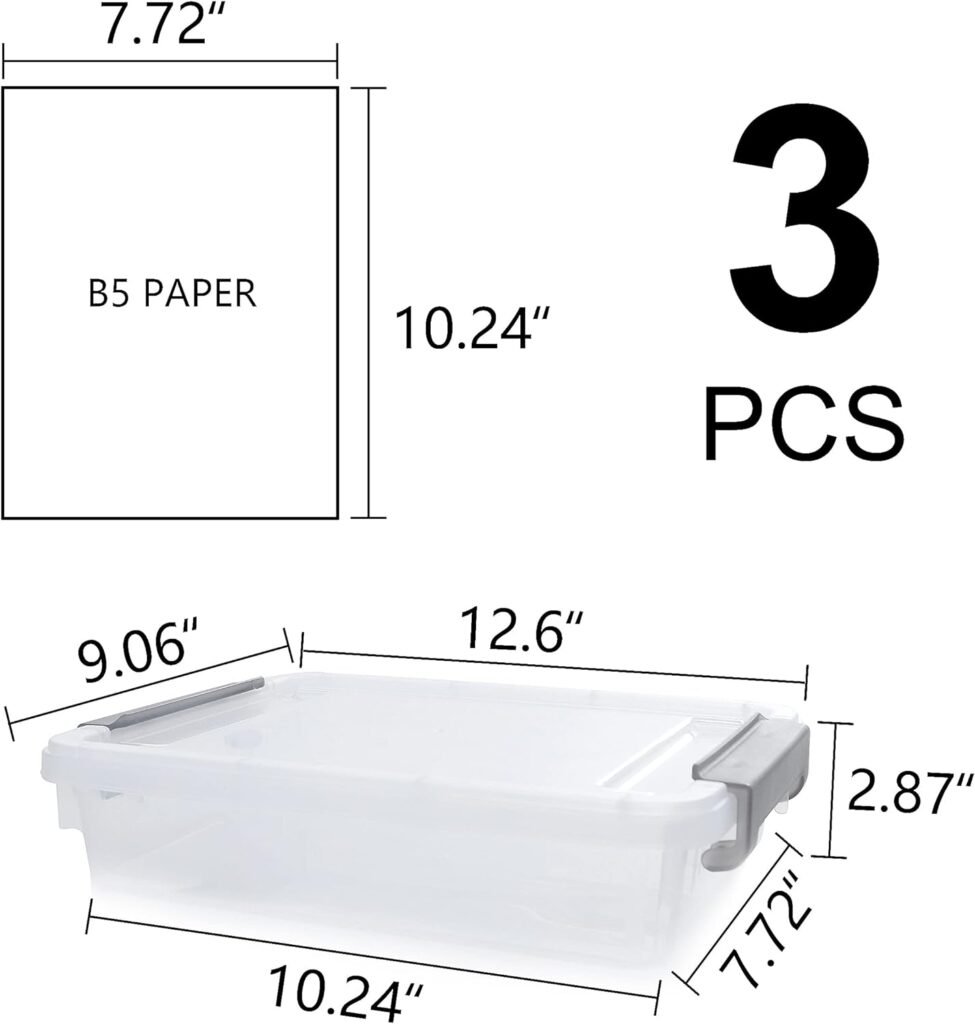 Citylife 3 PCS Plastic Storage Bins with Latching Lids Portable Project Case Clear File Box Stackable Storage Containers for Organizing A4 Paper, Photo, Document, Scrapbook
