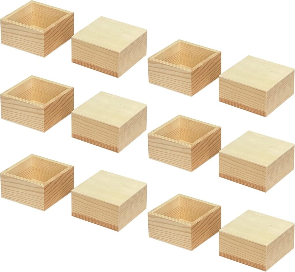 12-Pack Square Wood Box Unfinished Small Wooden Boxes for Crafts (Outer 3.7X 3.7X 2 in,Interior 3.2 x 3.2 x1.9 in)