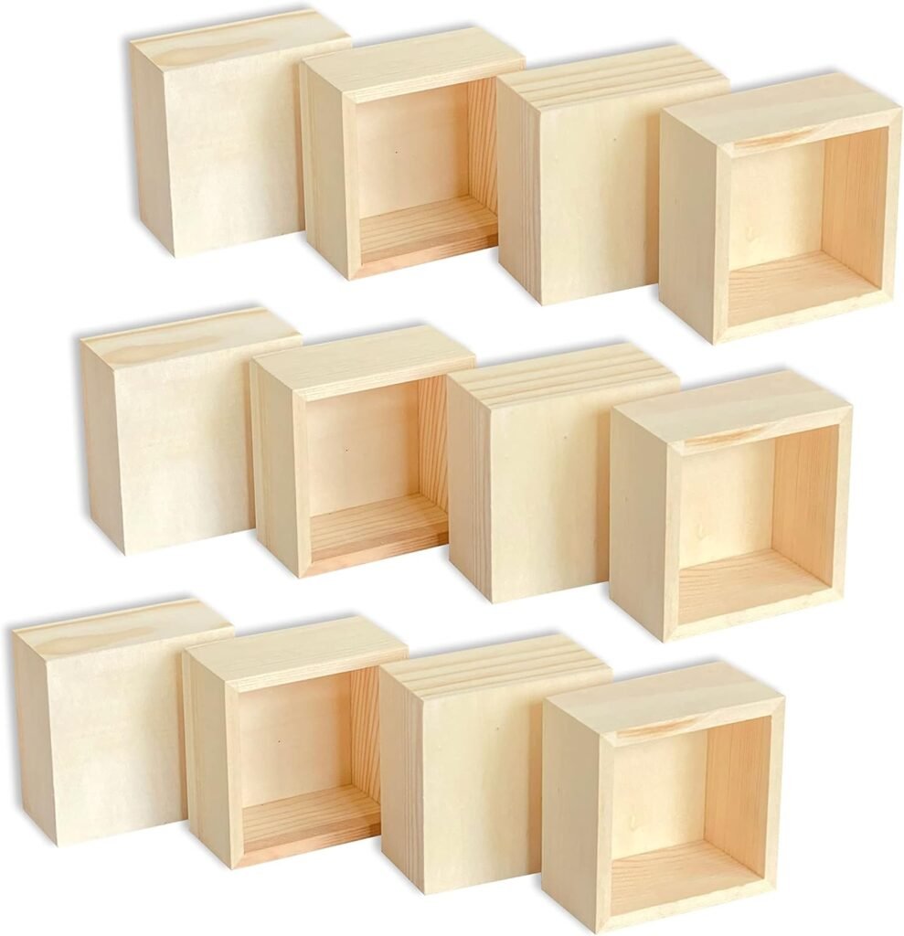 12-Pack Square Wood Box Unfinished Small Wooden Boxes for Crafts (Outer 3.7X 3.7X 2 in,Interior 3.2 x 3.2 x1.9 in)