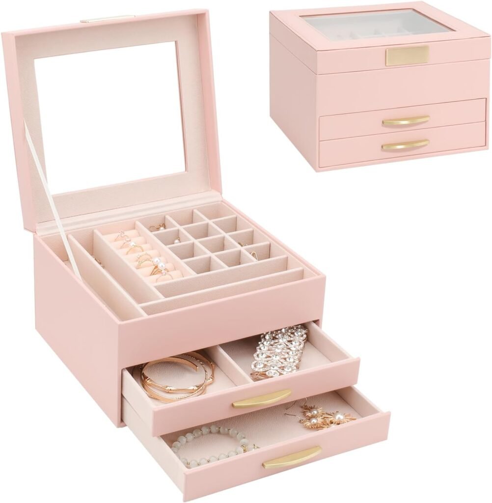 Jewelry Holder Organizer,3 Tiers Leather Jewelry Set Box with 2 Drawers,Jewelry Box for Women Girls,Large Capacity Jewelry Holder Box (Apricot)