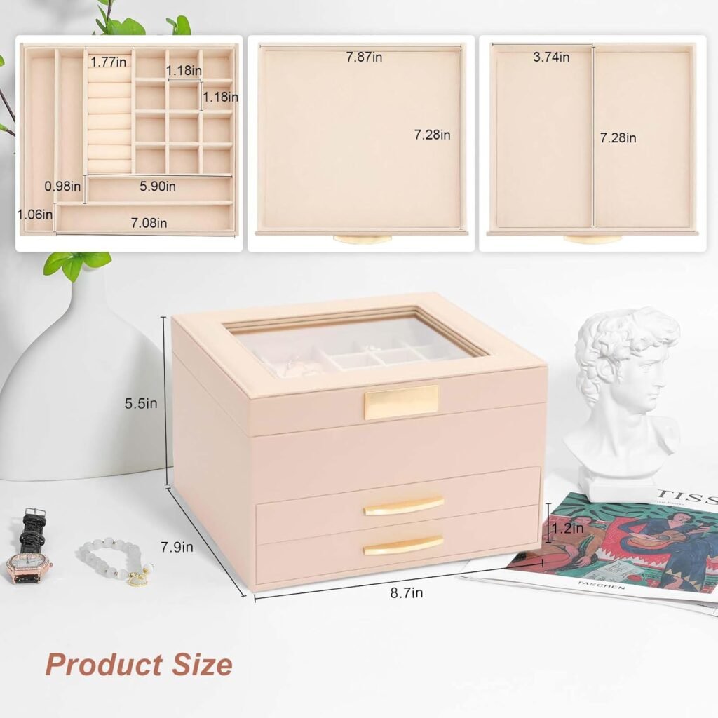 Jewelry Holder Organizer,3 Tiers Leather Jewelry Set Box with 2 Drawers,Jewelry Box for Women Girls,Large Capacity Jewelry Holder Box (Apricot)