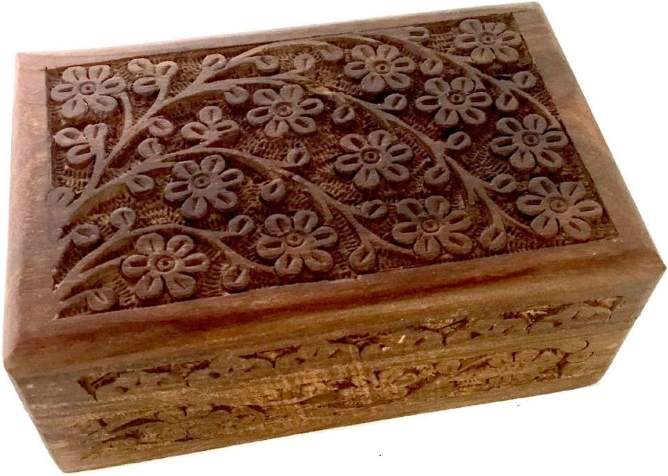 New Age Imports, Inc. GIFT IDEAS~ Floral Carved Handmade Wooden Box 4 inches by 6 inches~Ideal for storing Jewelry, Coins, Tartot cards, Small Treasures, URN Box  etc (Floral Carved 4x6)