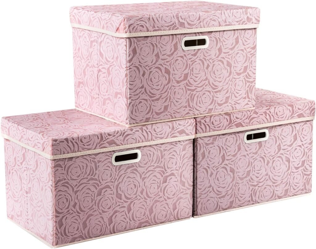 PRANDOM Larger Collapsible Storage Bin with Lid [1-Pack] Fabric Decorative Storage Box Cube Organizer Container Baskes with Handles Divider for Bedroom Closet Living Room Pink 17.7x11.8x11.8 Inch